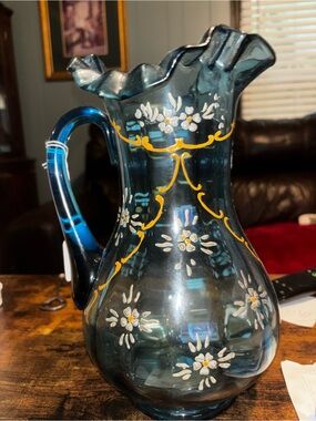 Vintage Hand-Painted Teal Glass Pitcher with Floral Motif